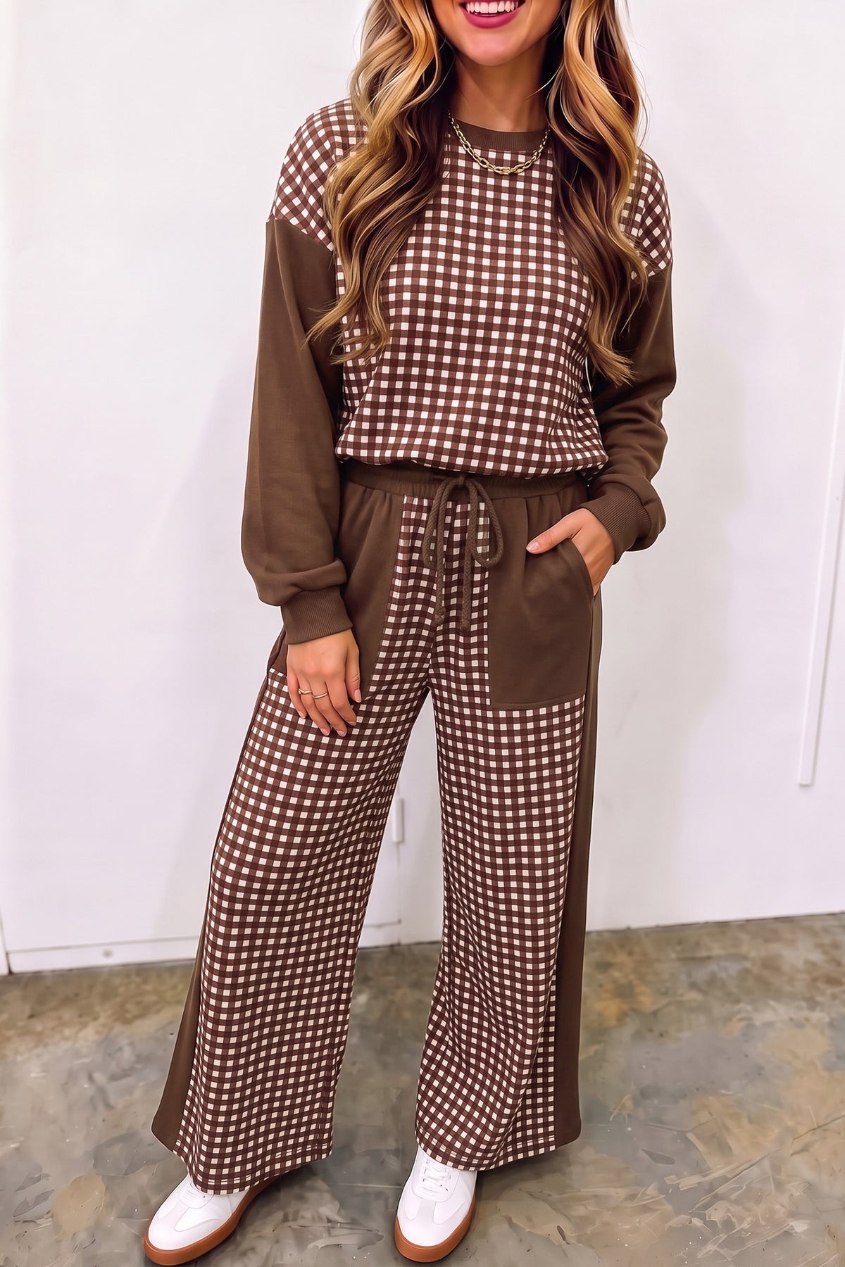 Stacey B's Brown Color Block Plaid Patchwork Long Sleeve Pullover Wide Leg Pant Set