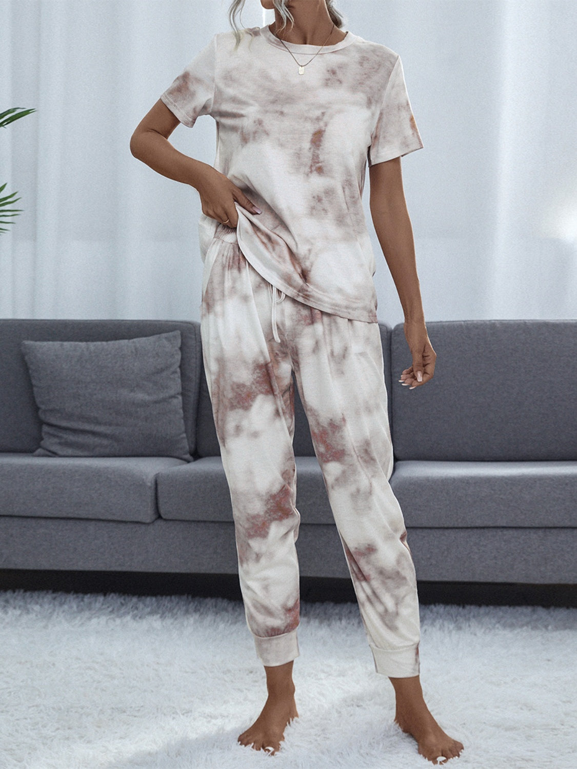 Stacey B's Shiny Tie-Dye Round Neck Short Sleeve Top and Pants Lounge Set