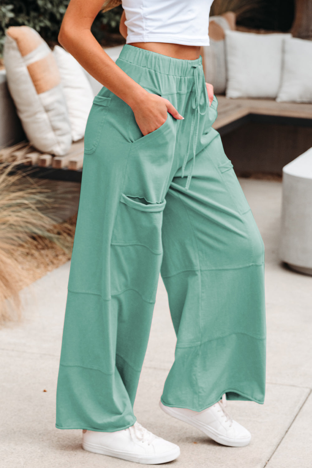 Stacey B's Mint Green Mineral Wash Exposed Seam Drawstring High Waist Wide Leg Cargo Pants