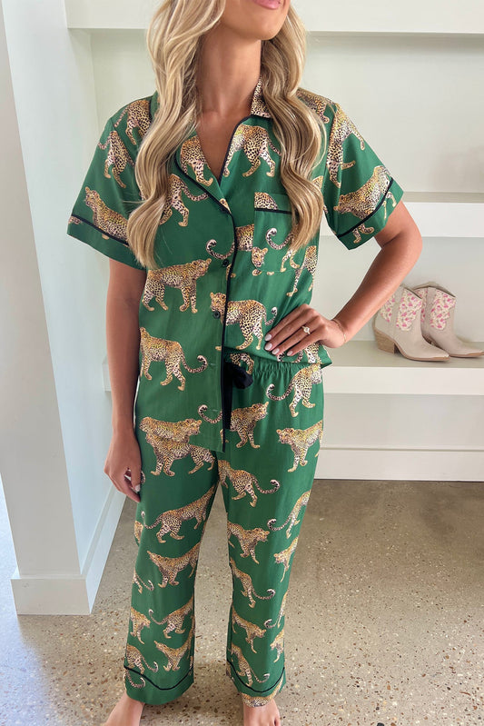 Stacey B's Green Cheetah Print Short Sleeve Shirt and Pants Pajama Set