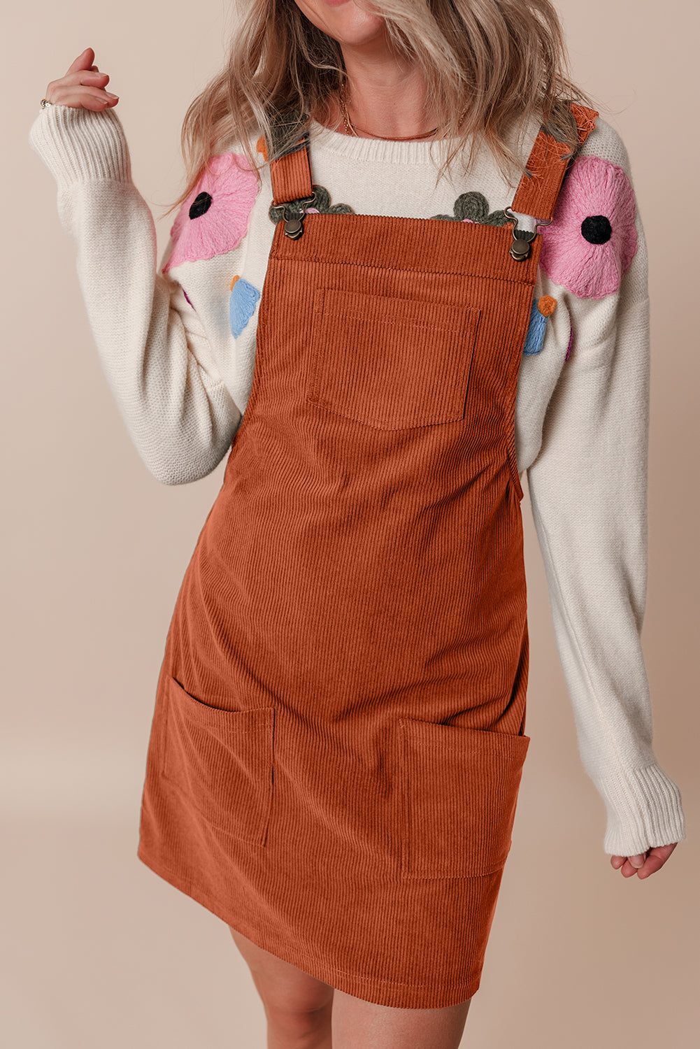 Stacey B's Cinnamon Solid Front Pockets Sleeveless Corduroy Overall Dress