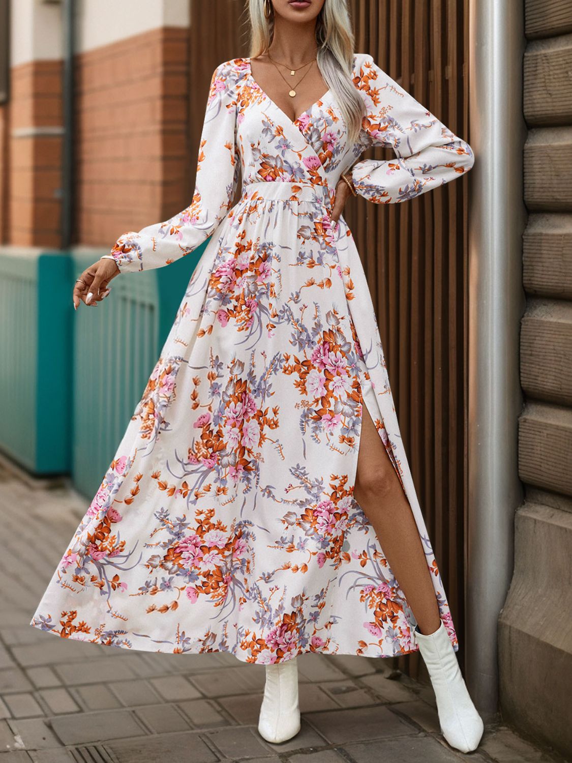 Stacey B's Slit Printed Surplice Long Sleeve Maxi Dress