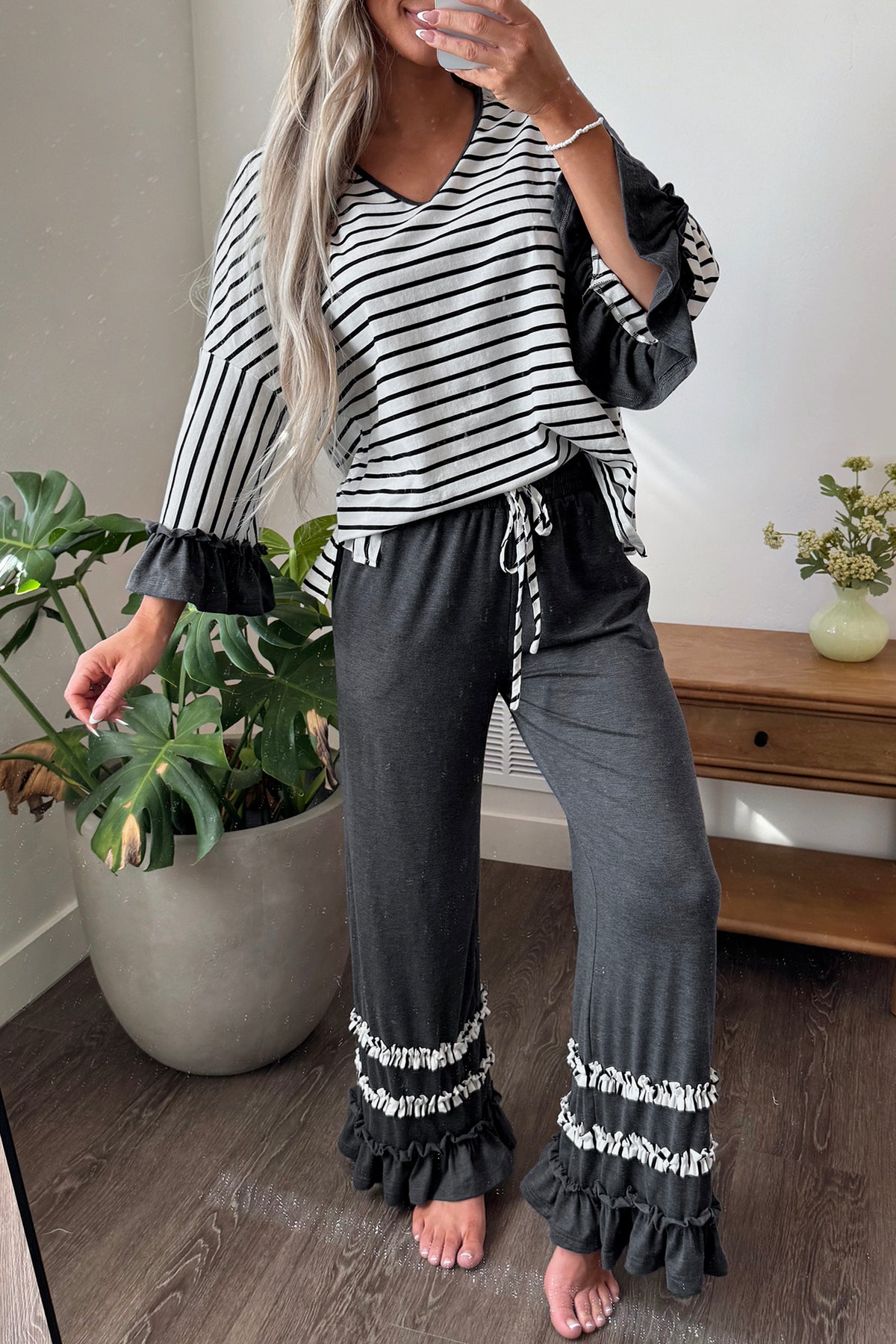 Stacey B's Blue Stripe V Neck Ruffle Contrast Sleeve Top Drawstring Pants 2pcs Set