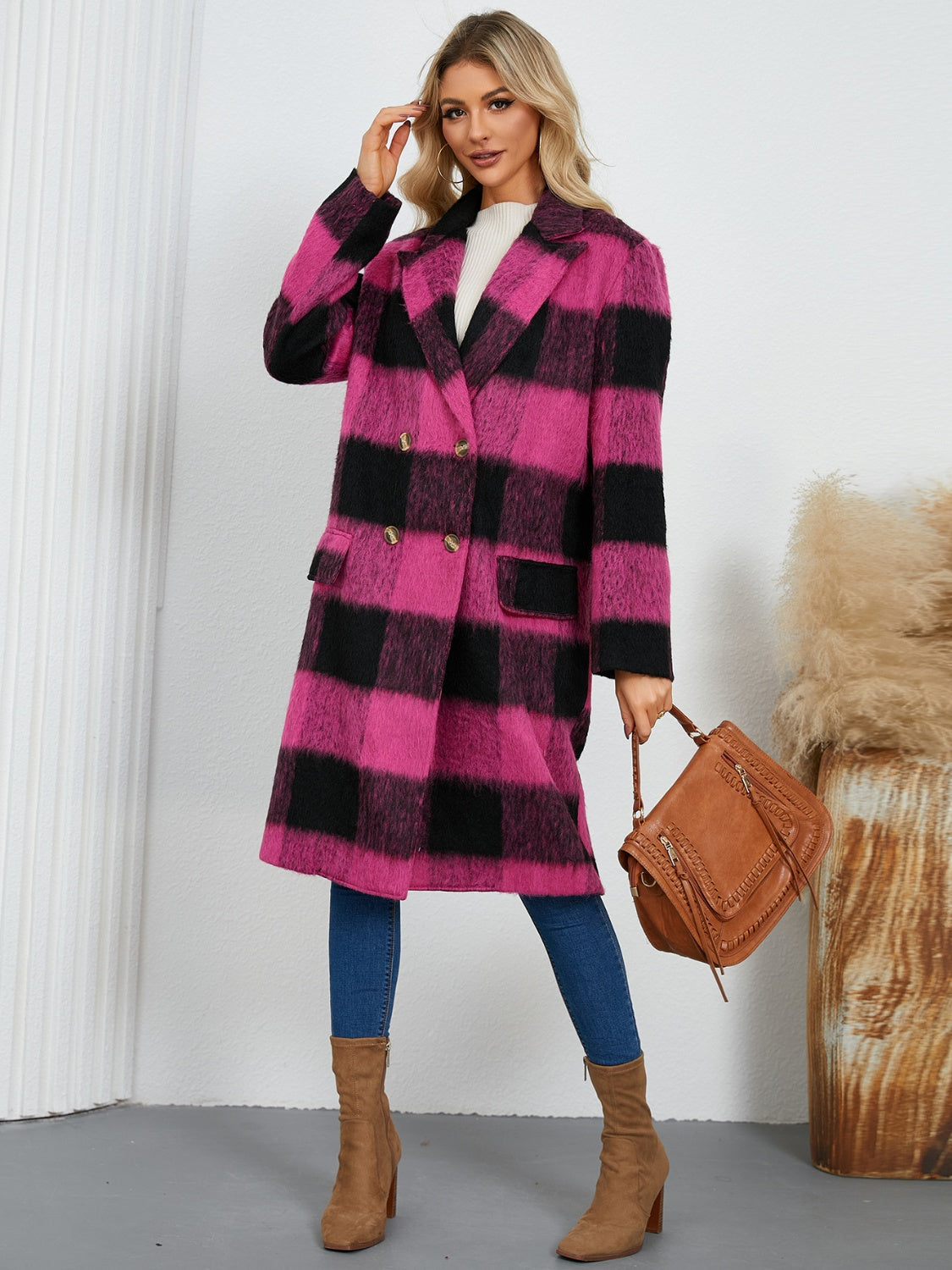 Stacey B's Plaid Double-Breasted Long Sleeve Coat