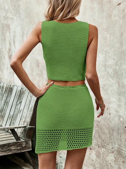 Stacey B's Button Up Sleeveless Top and Drawstring Skirt Set