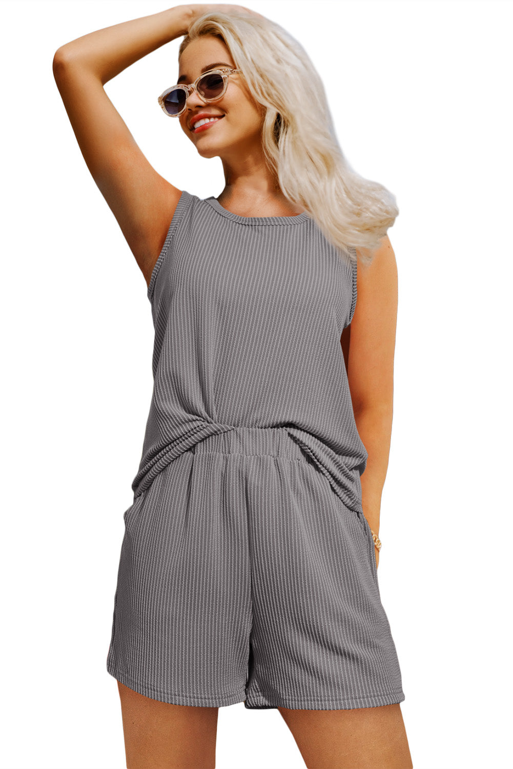 Stacey B's Smoke Gray Corded Tank Top and Pocketed Shorts Set