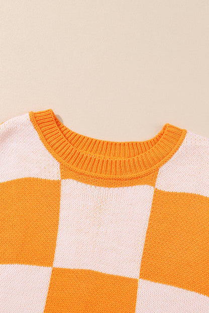 Stacey B's Orange Checkered Bishop Sleeve Sweater
