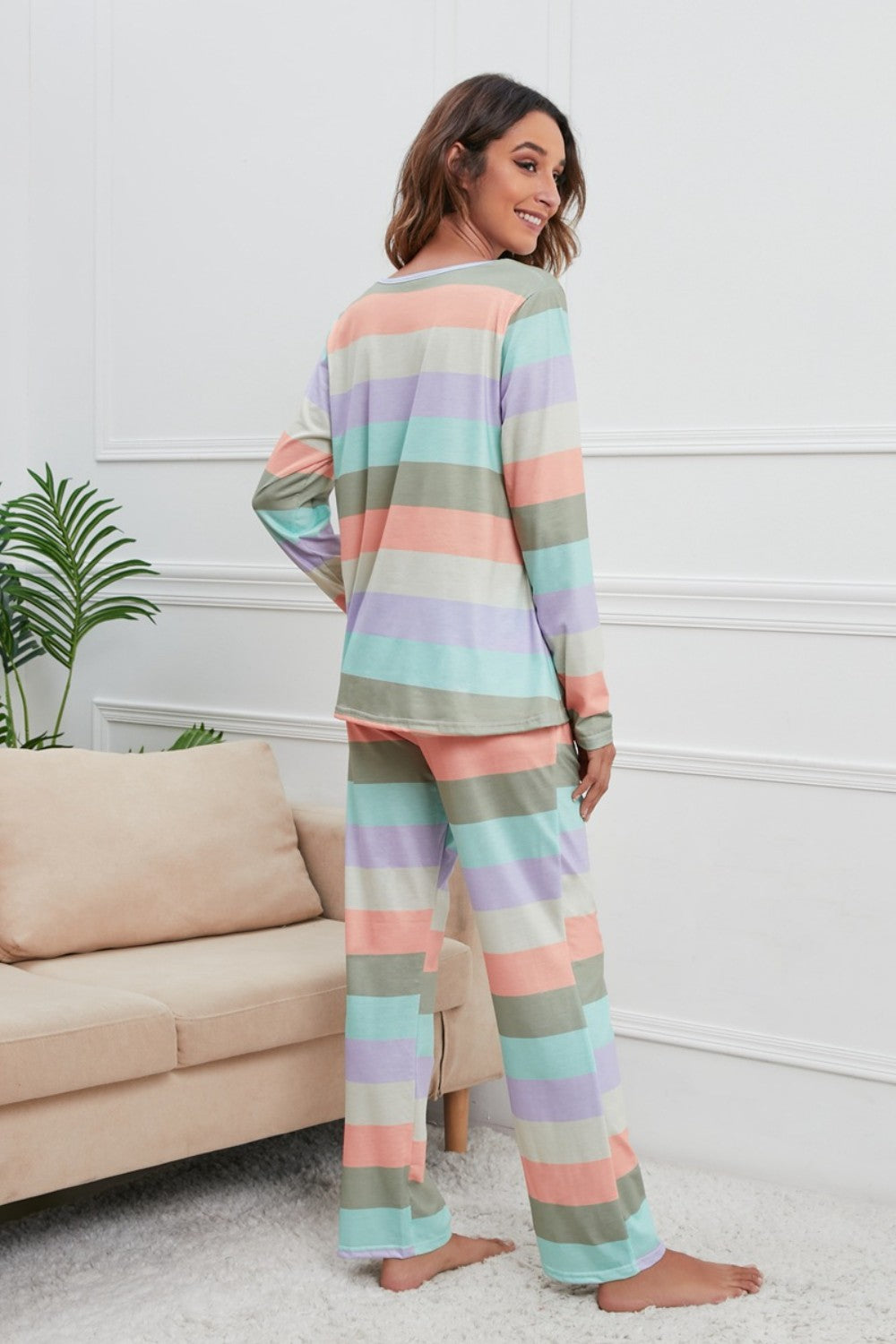 Stacey B's Striped Round Neck Long Sleeve Top and Drawstring Pants Lounge Set