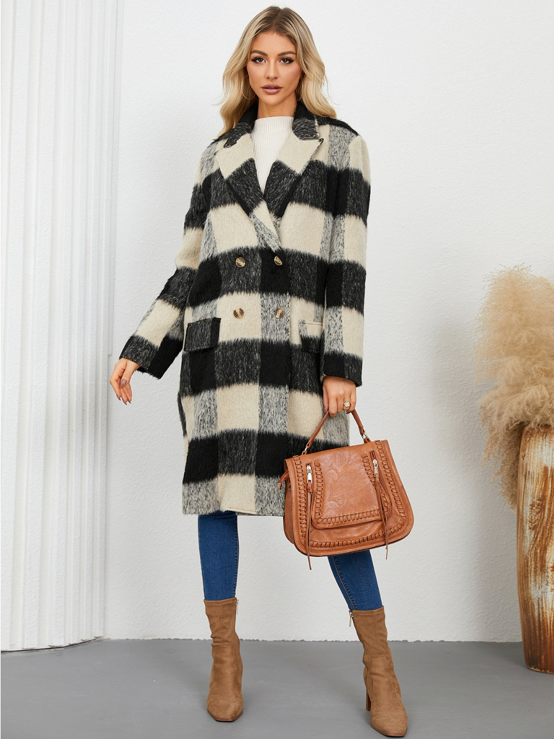 Stacey B's Plaid Double-Breasted Long Sleeve Coat