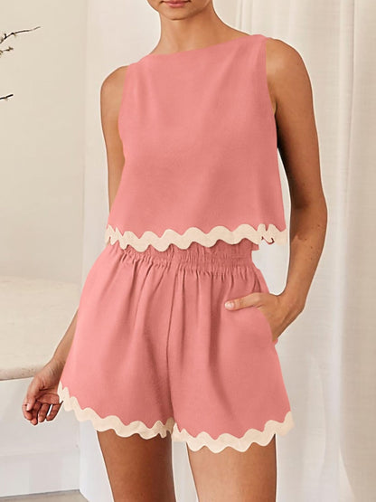 Stacey B's Contrast Trim Round Neck Top and Shorts Set