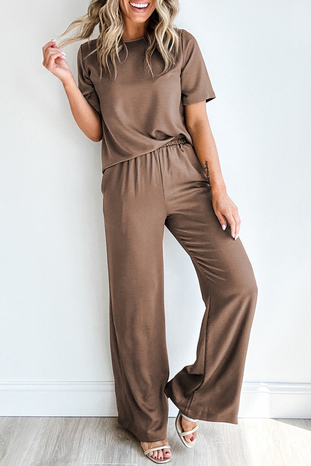 Stacey B's Smoke Gray Solid Color T Shirt 2pcs Wide Leg Pants Set