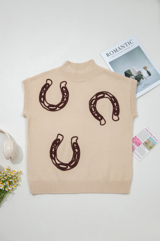Stacey B's Parchment Corded Horseshoes Ribbed Trim Mock Neck Short Sleeve Sweater