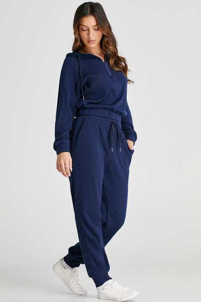 Stacey B's Navy Blue Ribbed Knit Cropped Hoodie and Drawstring Joggers Set