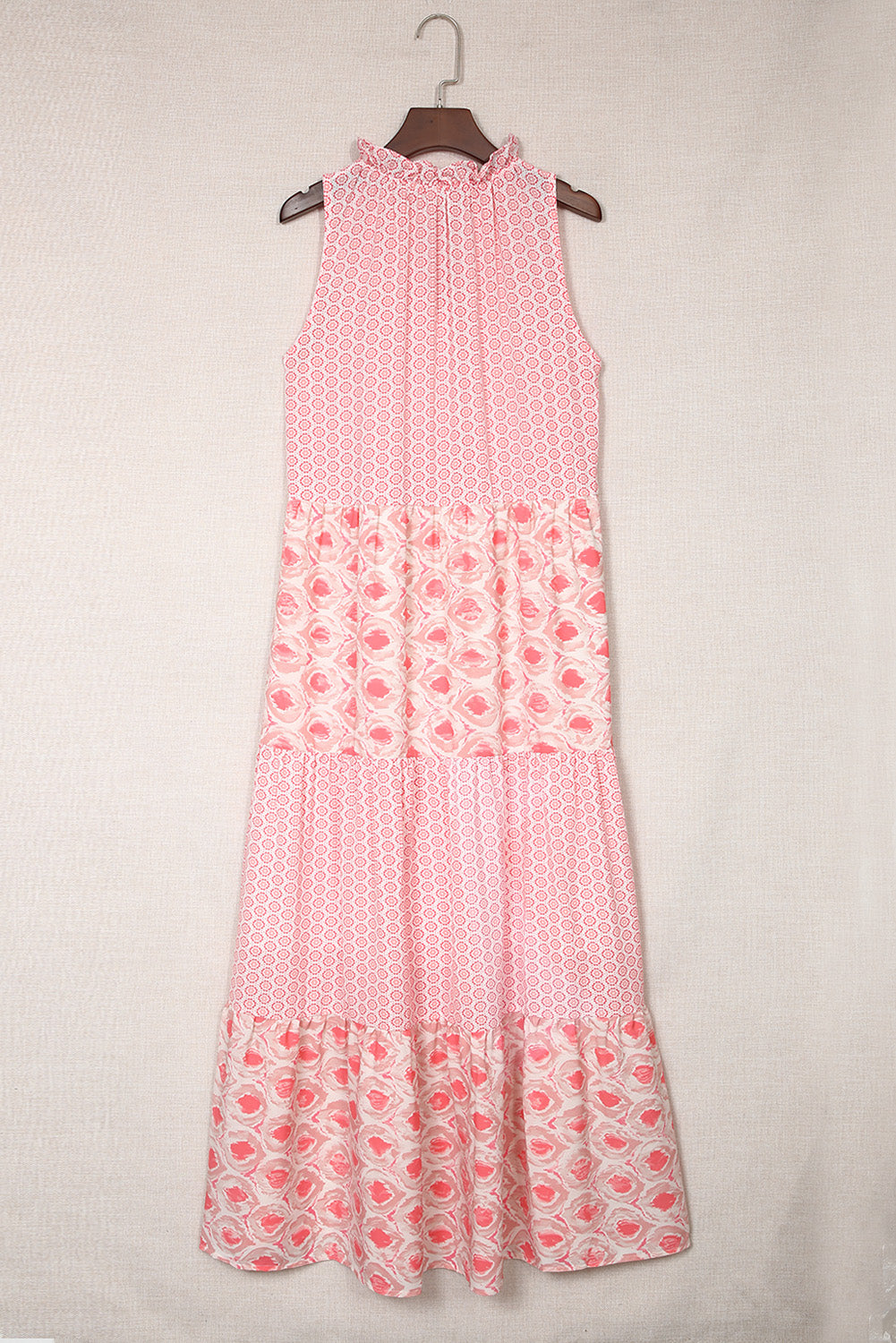 Stacey B's Pink Abstract Print Patchwork Sleeveless V Neck Tiered Dress