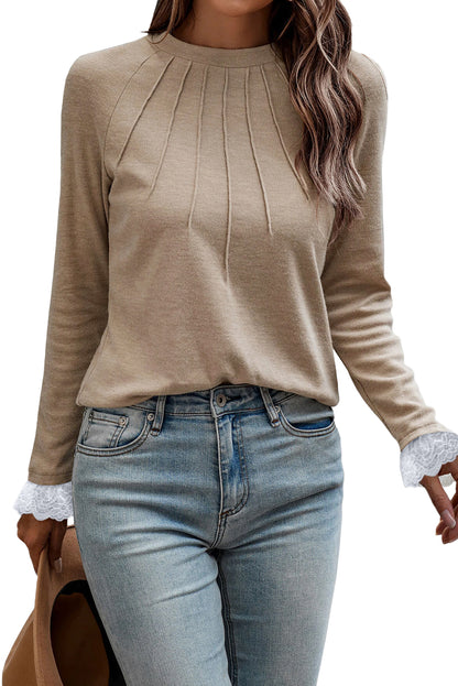 Stacey B's Parchment Seam Detail Lace Contrast Cuffs Raglan Sleeve Top
