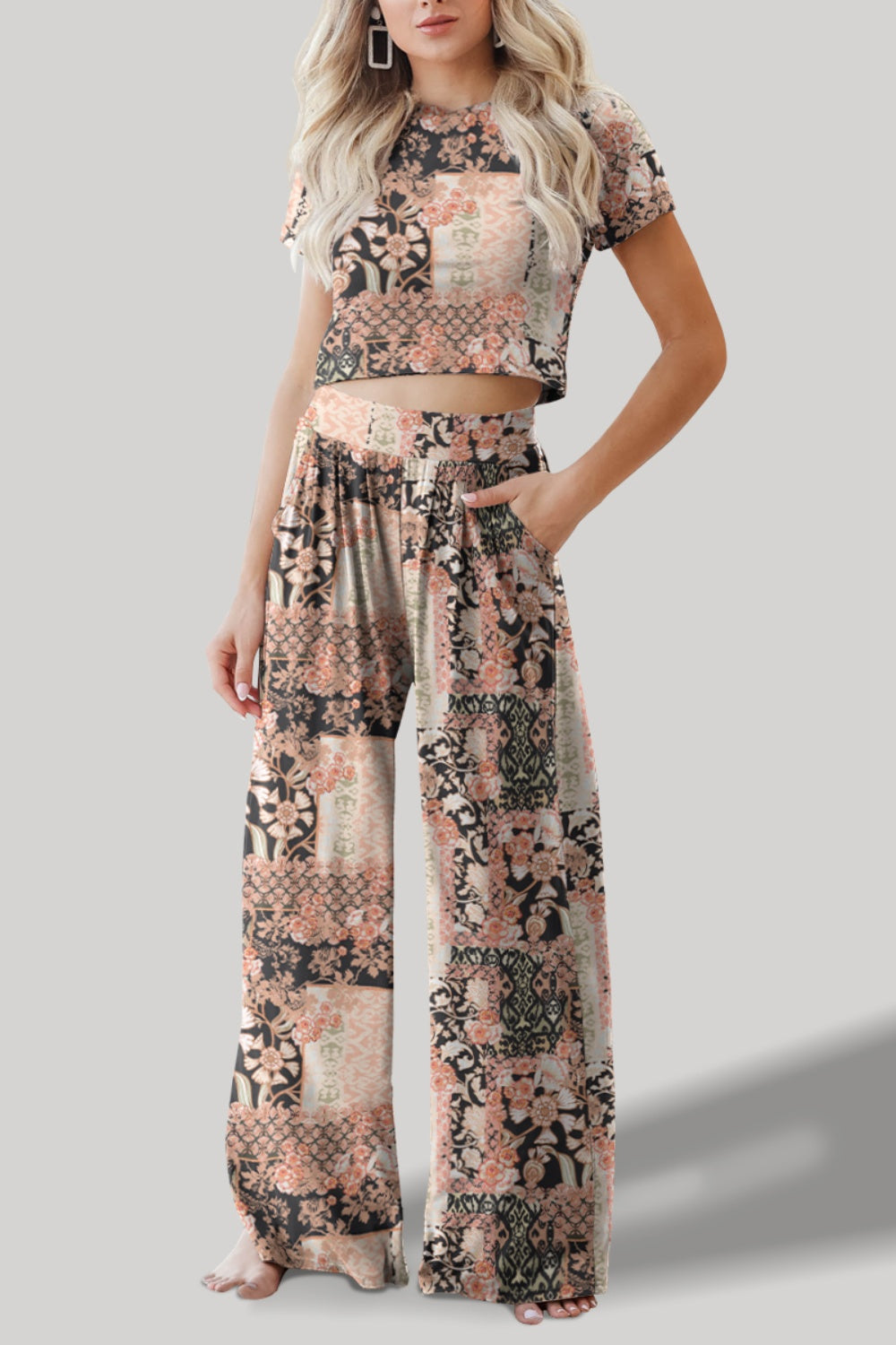 Stacey B!s Printed Round Neck Short Sleeve Top and Pants Set