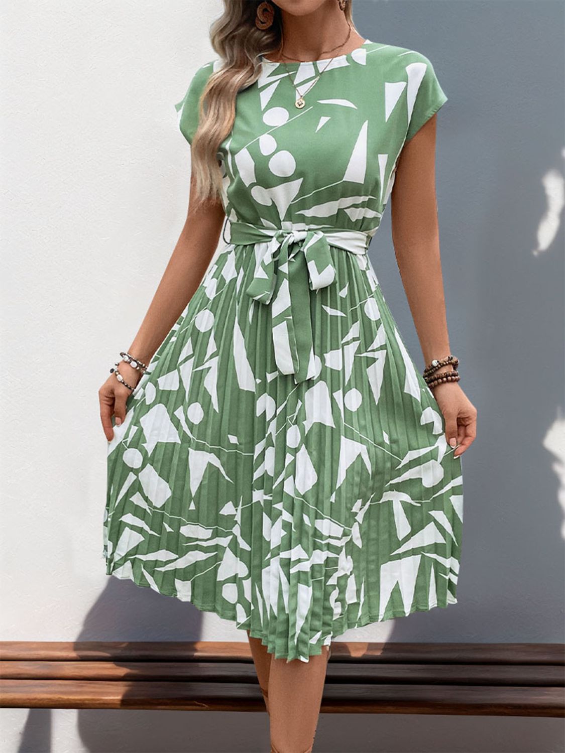 Stacey B's Tied Pleated Printed Cap Sleeve Dress