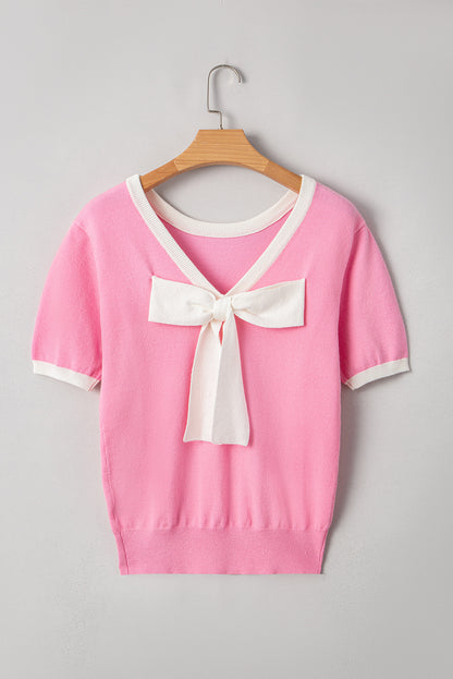 Stacey B's Bonbon Colorblock Bow V-Shape Cut Back Short Sleeve Sweater