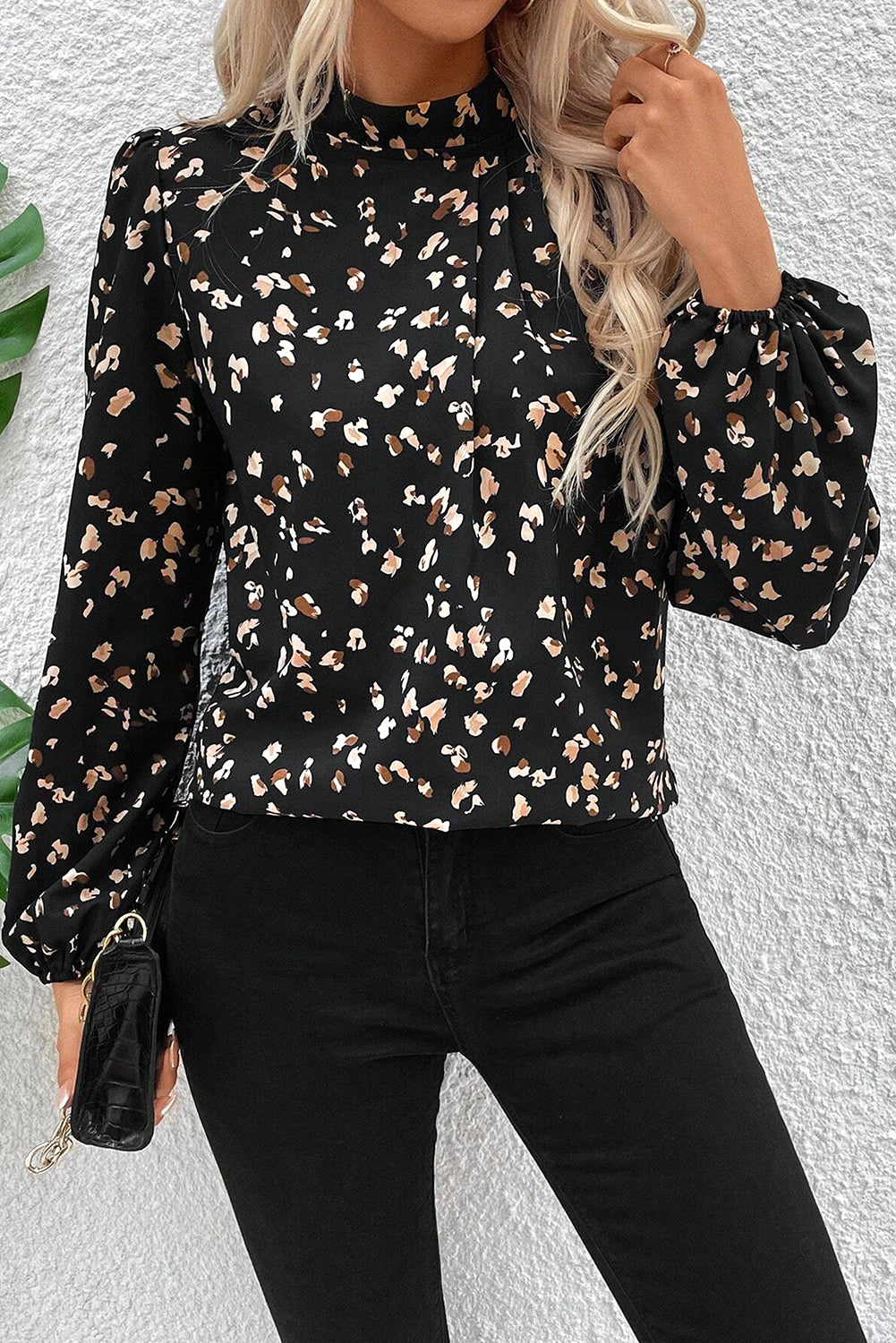 Stacey B's Black Leopard Print Puff Sleeve Mock Neck Pleated Blouse