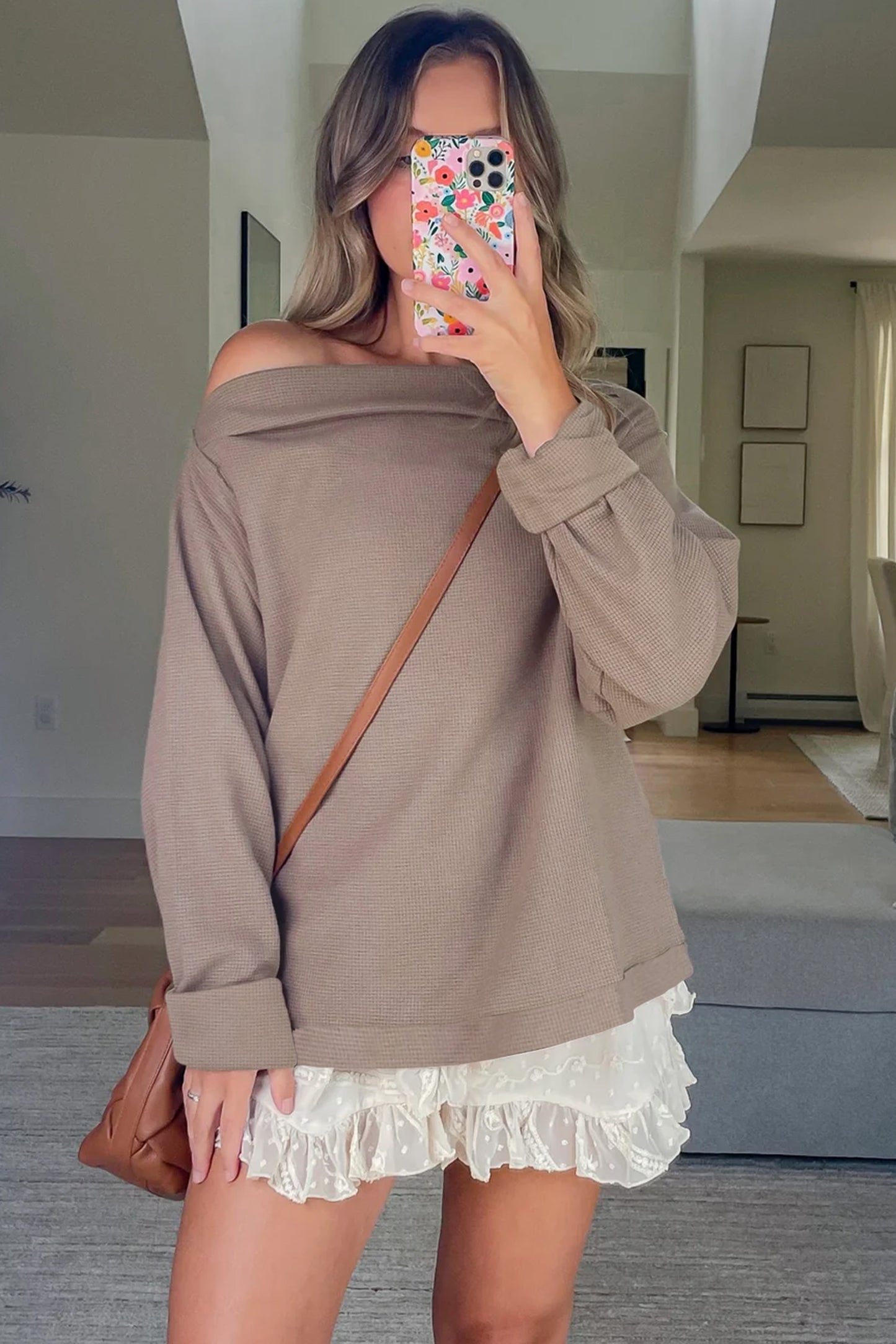 Stacey B's Old Rose Solid Color Waffle Knit Asymmetric Neck Long Sleeve Top
