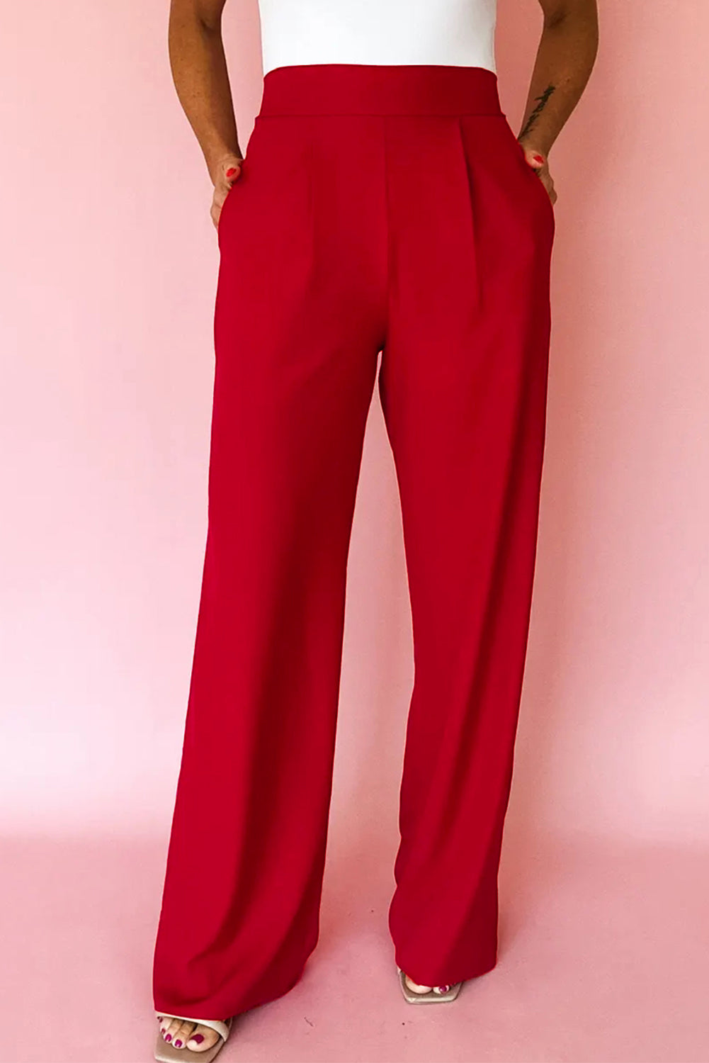 Stacey B's Fiery Red Pleated Detail Pull On High Elastic Waist Loose Straight Pants