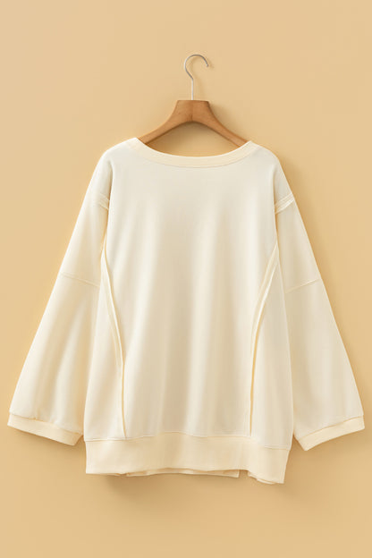 Stacey B's Beige Plus Size Raw Seam Detail Floral Bow Patched Baggy Pullover