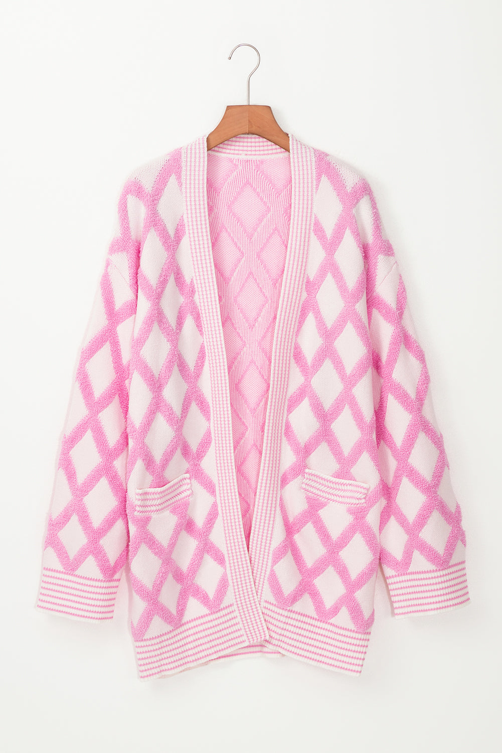 Stacey B's Pink Rhombus Pattern Knit Open Front Pocketed Cardigans