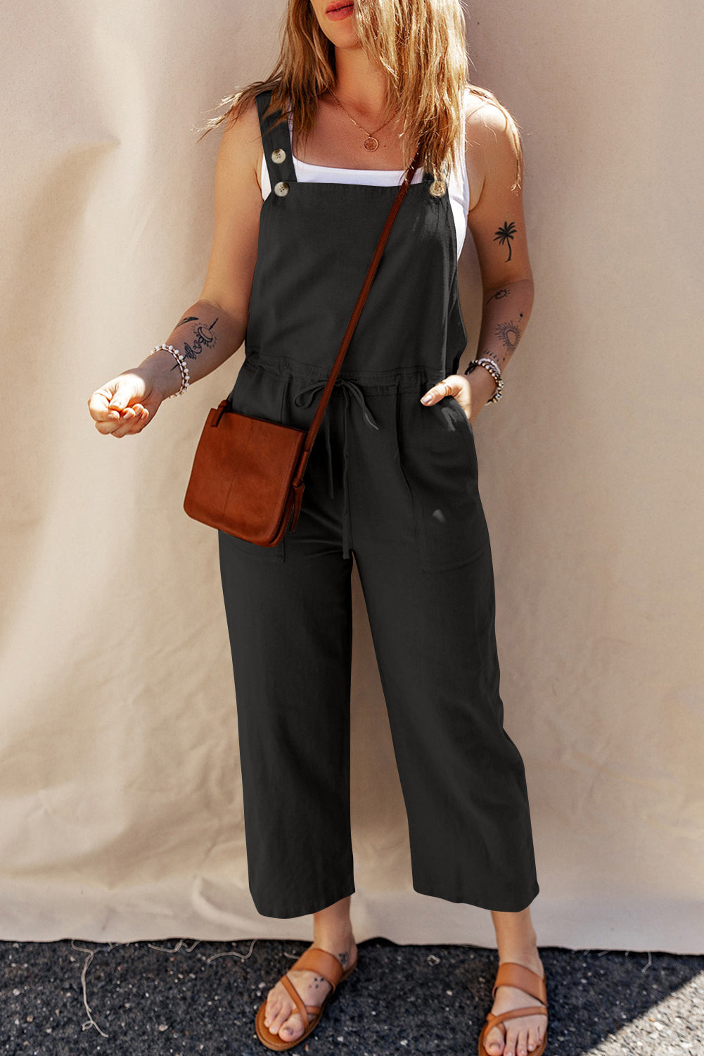 Stacey B's Sage Green Buttoned Straps Drawstring Cropped Overalls