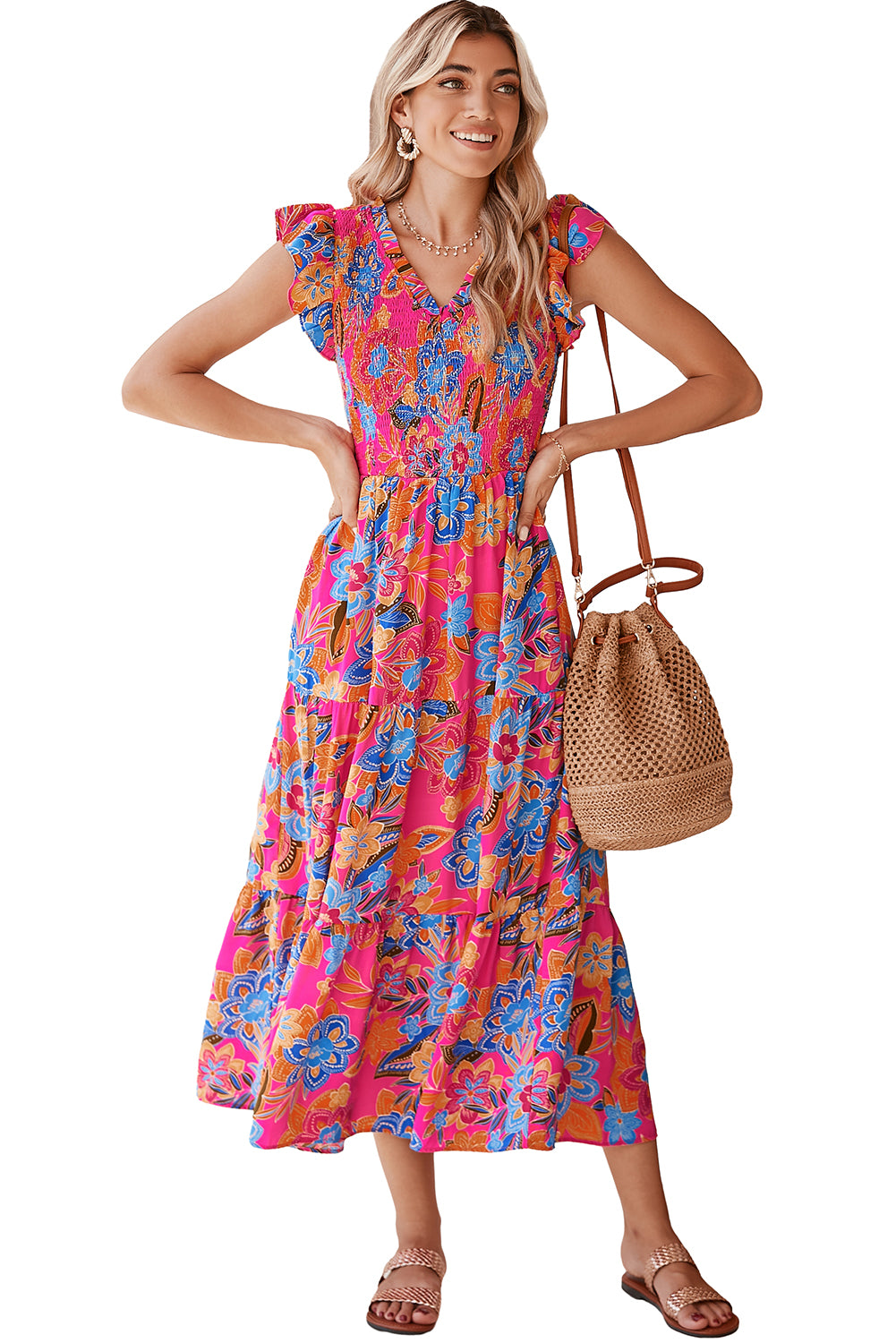 Stacey B's Dark Blue Boho Floral V Neck Ruffle Tiered Long Dress