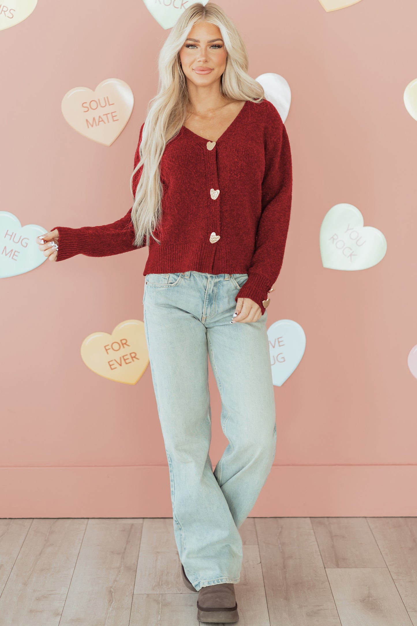 Stacey B's Fiery Red Heart Metal Button V Neck Cardigan Sweater