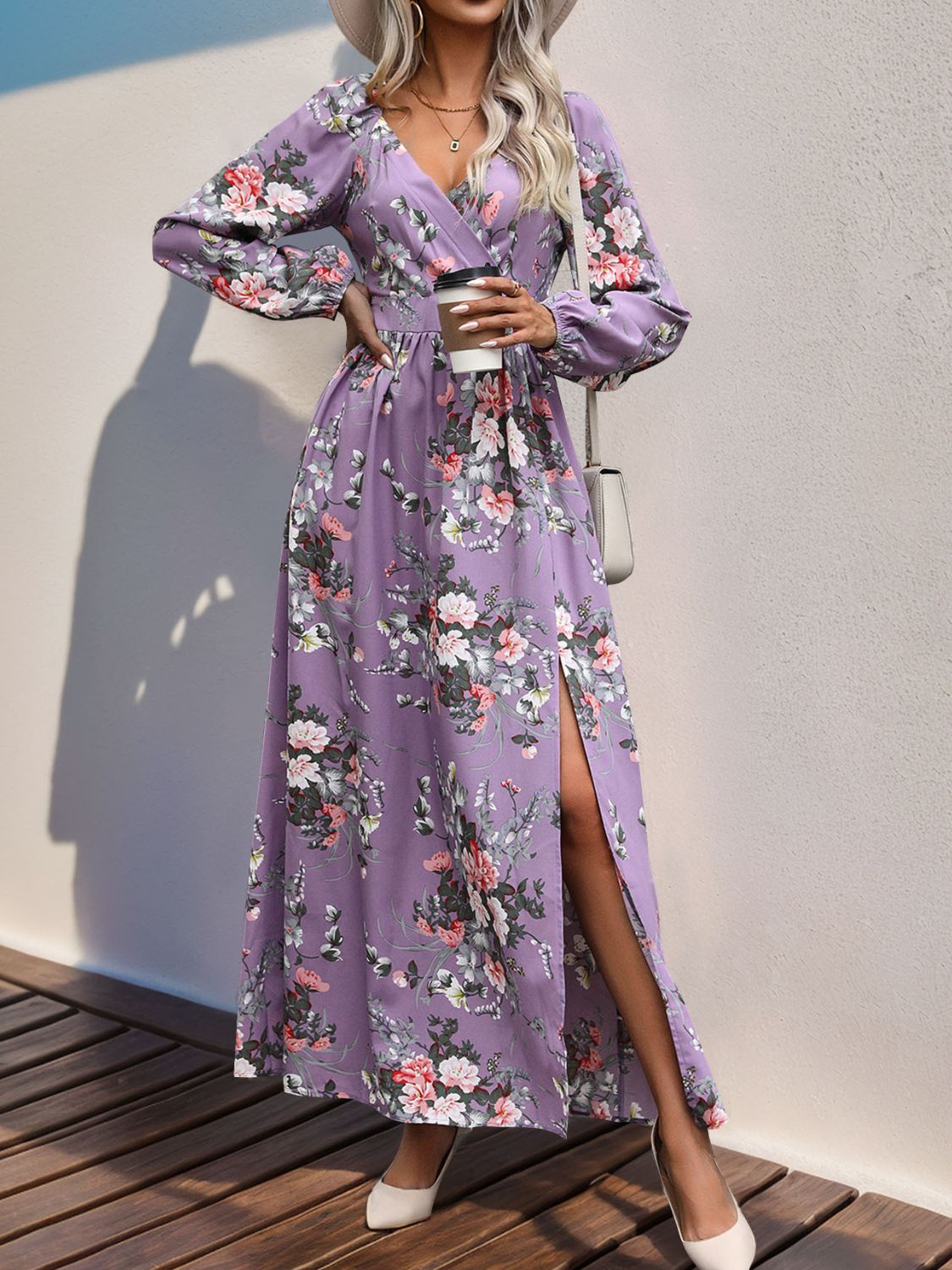 Stacey B's Slit Printed Surplice Long Sleeve Maxi Dress