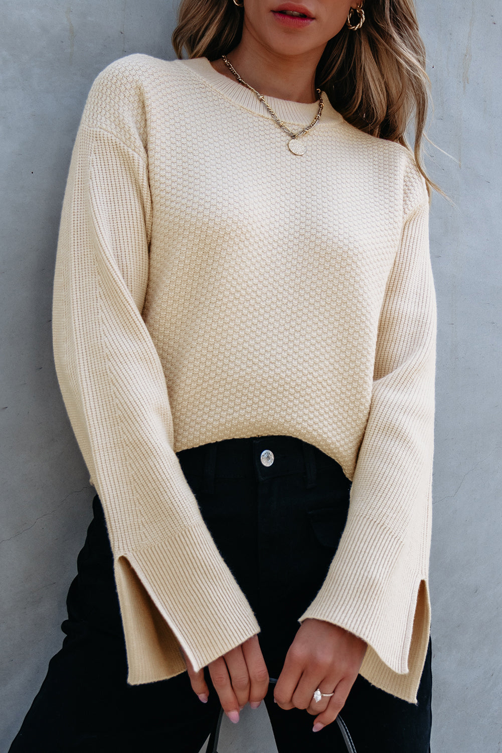 Stacey B's Parchment Solid Textured Knit Split Cuff Drop Shoulder Loose Sweater