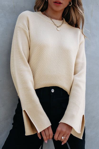 Stacey B's Parchment Solid Textured Knit Split Cuff Drop Shoulder Loose Sweater