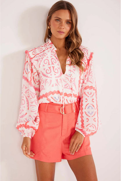 Stacey B's Desert Flower Vintage Print Smocked Poet Collar Billowy Blouson Sleeves Blouse