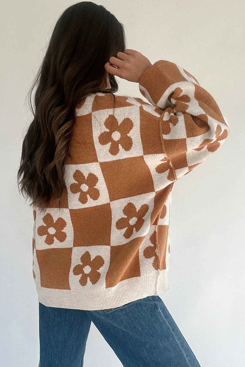 Stacey B's Black Flower Colorblock Checkered Henley Sweater