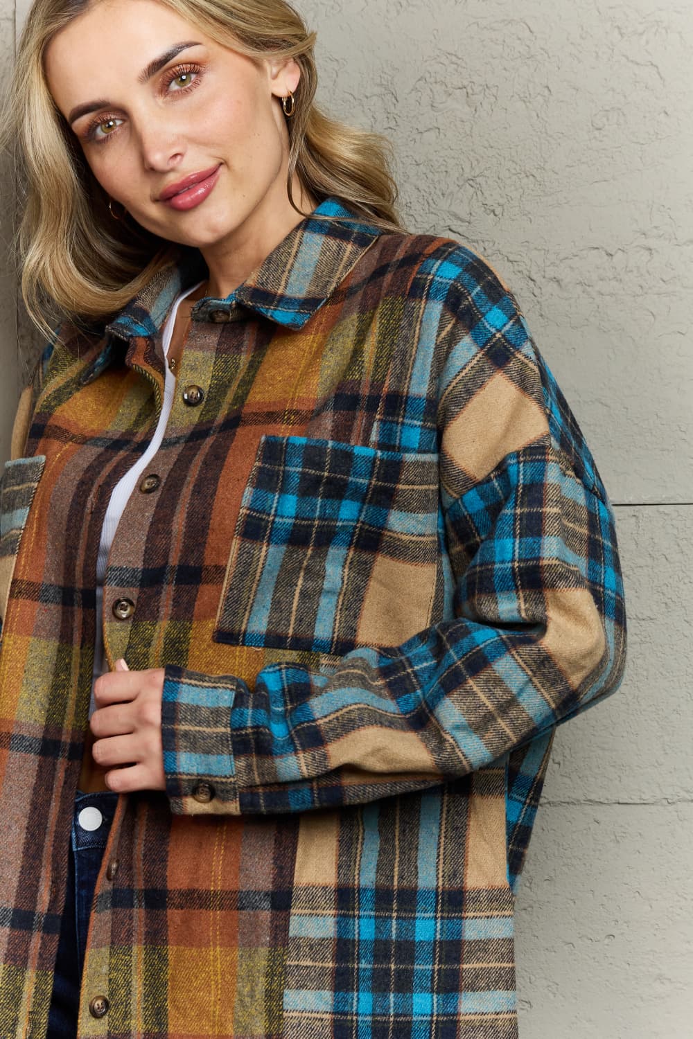 Stacey B's Plaid Curved Hem Shirt Jacket with Breast Pockets