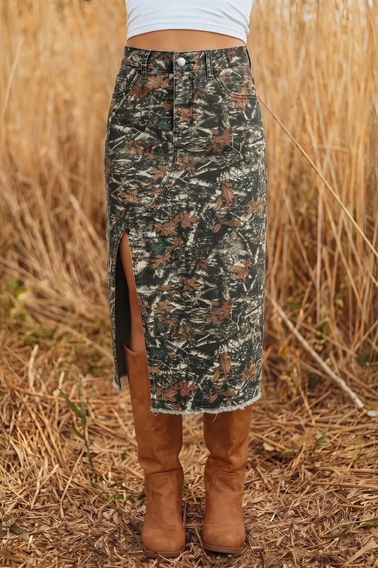 Stacey B's Multicolour Woodland Camouflage Split Raw Hem Midi Western Skirt