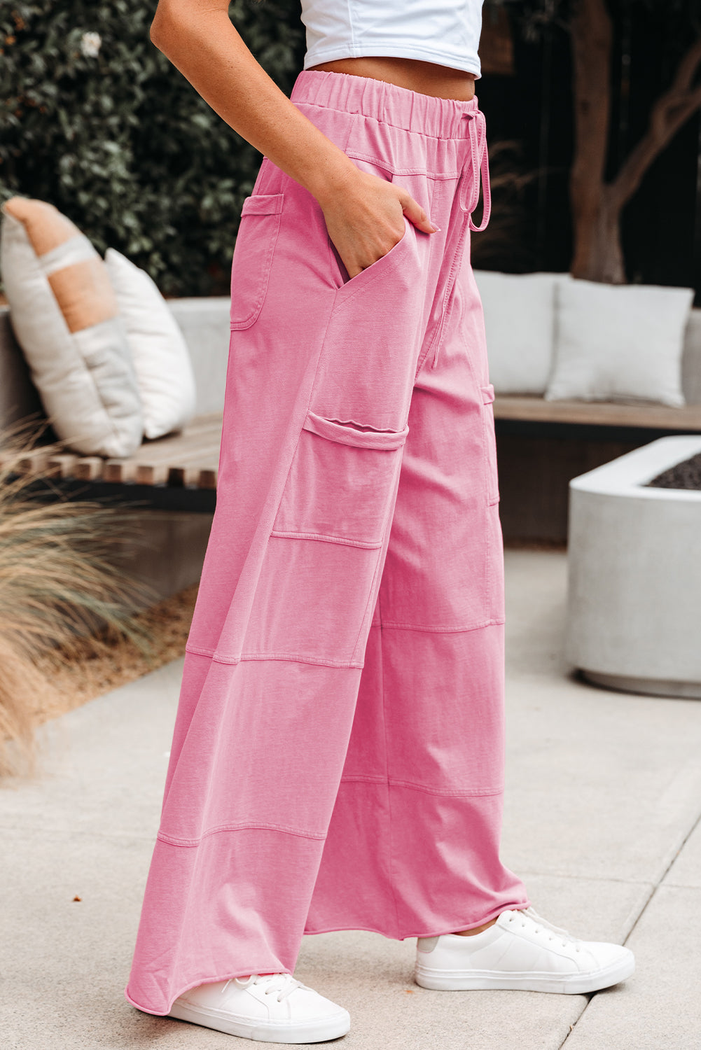 Stacey B's Bonbon Mineral Wash Exposed Seam Drawstring Elastic Waistband Wide Leg Cargo Pants