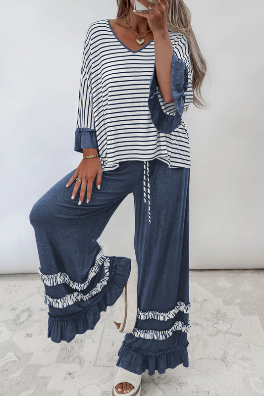 Stacey B's Blue Stripe V Neck Ruffle Contrast Sleeve Top Drawstring Pants 2pcs Set