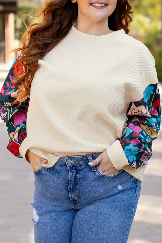 Stacey B's White Floral Patchwork Sleeve Textured Plus Size Pullover Top