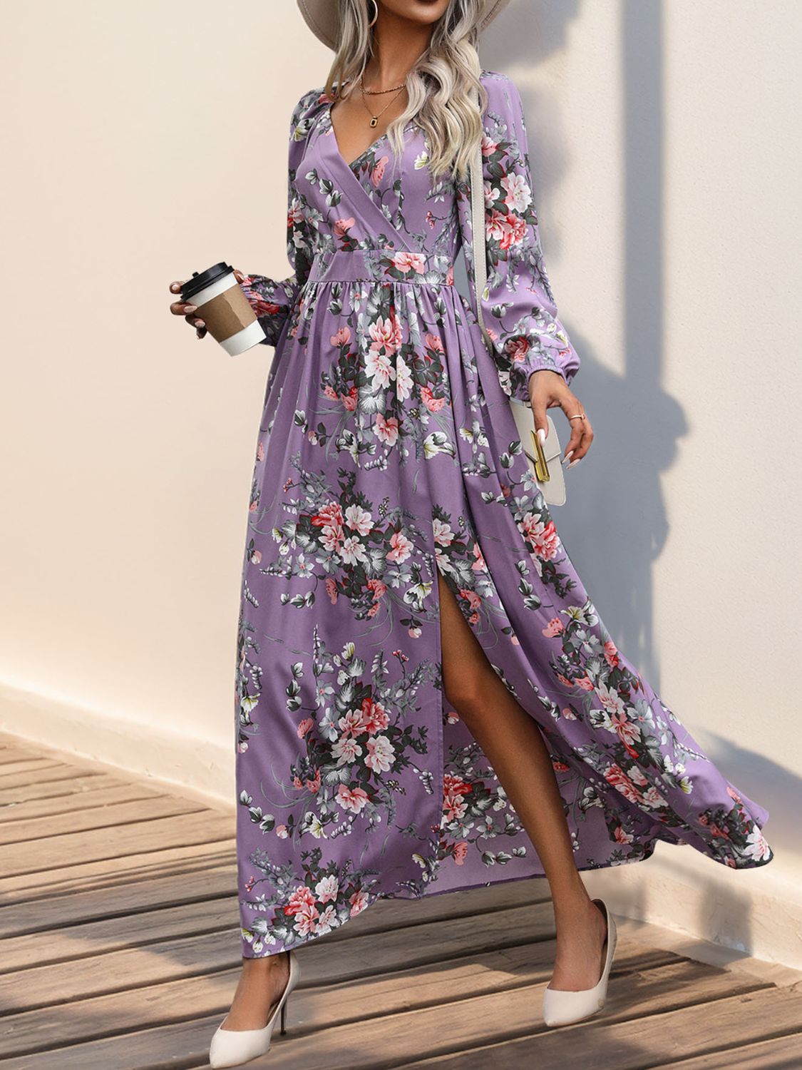 Stacey B's Slit Printed Surplice Long Sleeve Maxi Dress