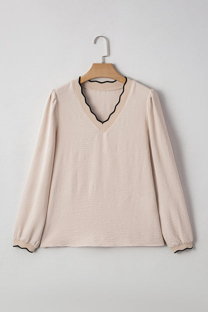Stacey B's Jet Stream Contrast Scallop Trim V Neck Long Sleeve Top