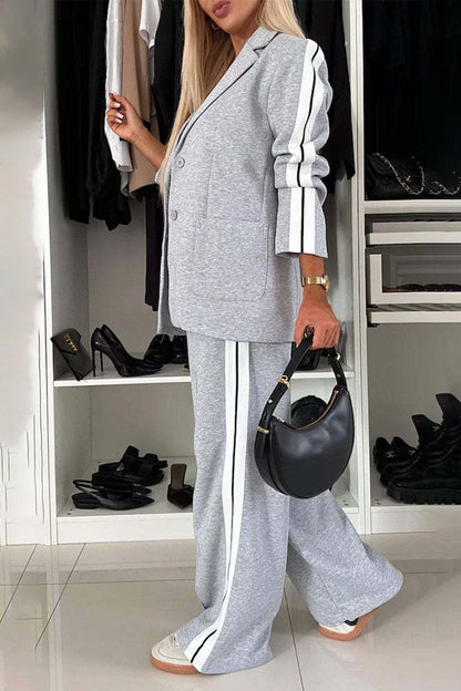 Stacey B's Full Size Contrast Lapel Collar Top and Pants Set