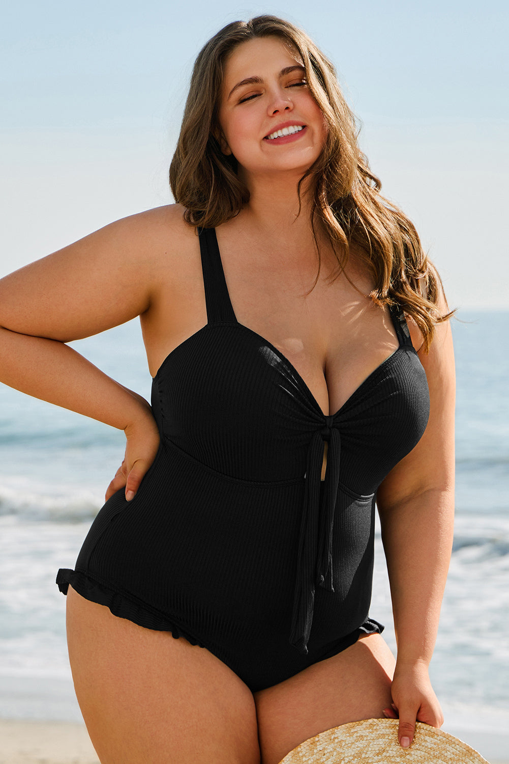 Stacey B's Black Plus Size Textured Knotted Ruffled Trim One Piece Swimwear