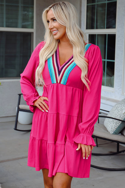 Stacey B's Rose Red Colorful Crochet V Neck Textured Tiered Ruffled Long Sleeve Mini Dress