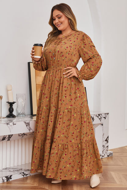 Stacey B's Brown Plus Size Floral Split V Neck Ruffled Sleeve Tiered Maxi Dress
