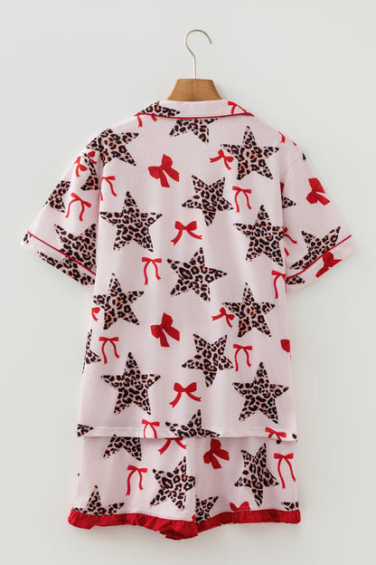 Stacey B's White Leopard Star Ribbon Bow Print Contrast Trim Short Pajama Set