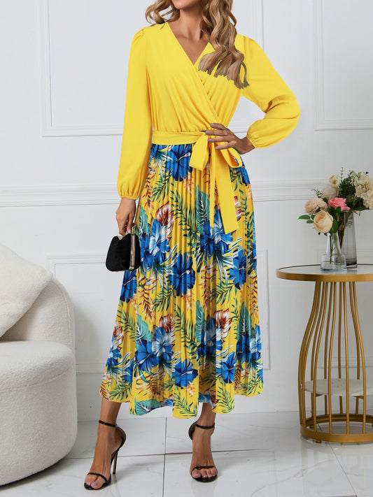 Stacey B's Pleated Printed Surplice Long Sleeve Dress