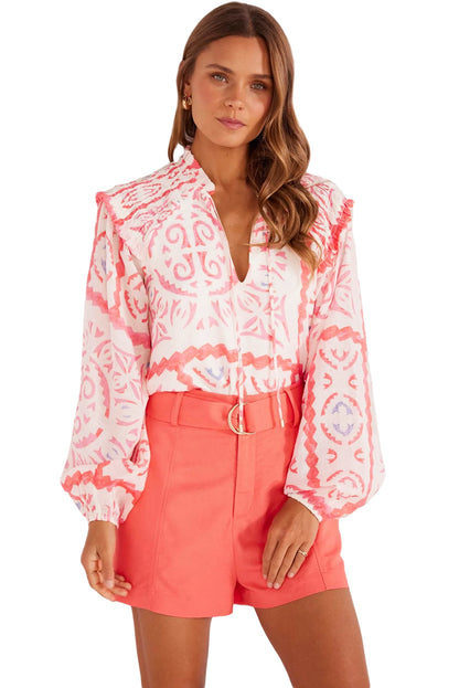 Stacey B's Desert Flower Vintage Print Smocked Poet Collar Billowy Blouson Sleeves Blouse