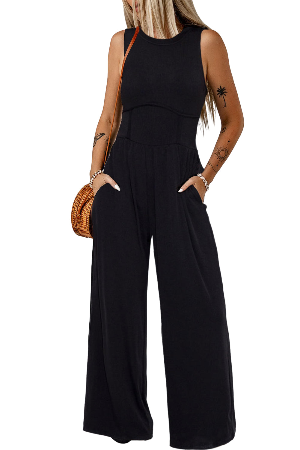 Stacey B's Blackish Green Sleeveless High Waist Wide Leg Jumpsuit